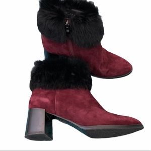 Cellini Suede Booties with Real Fur stacked heel Burgundy Red size 8